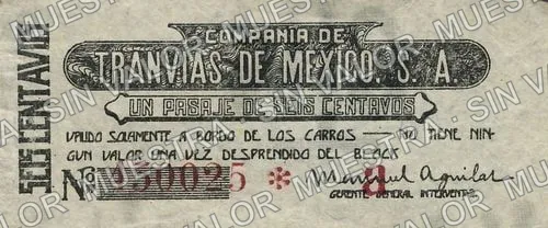 6 centavos, Compañía de Tranvías de México (M1329), M1329a 6c Compañía de Tranvías de México, anverso