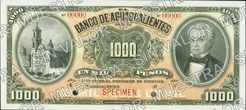 Banco de Aguascalientes (M57), anverso (M57s $1.000 Banco de Aguascalientes specimen)