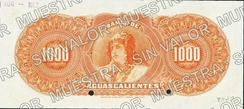 Banco de Aguascalientes (M57), reverso (M57s $1.000 Banco de Aguascalientes specimen)