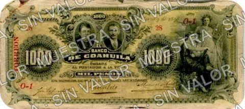 Banco de Coahuila (M173), anverso (M173b $1,000 overprinted 'TORREON')