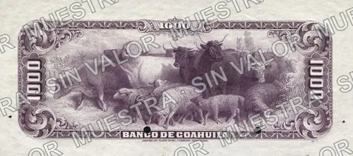 Banco de Coahuila (M173), M173s $1.000 Banco de Coahuila specimen, reverso