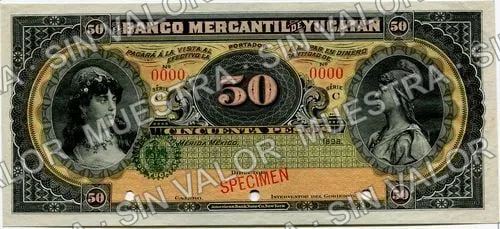Banco Mercantil de Yucatán (M550), anverso (M550s $50 Banco Mercantil de Yucatán specimen)