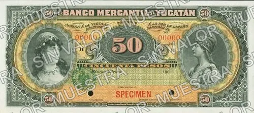 Banco Mercantil de Yucatán (M550), anverso (M550s $50 Banco Mercantil de Yucatán specimen)