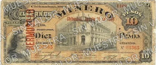 Banco Minero (M133), anverso (M133g $10 overprinted 'HERMOSILLO')
