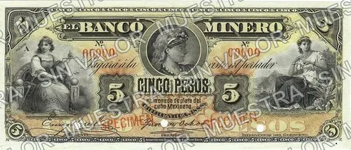 Banco Minero (M133), anverso (M133s $5 Banco Minero specimen)