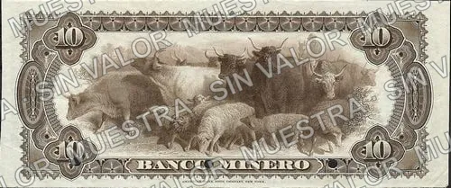 Banco Minero (M133), reverso (M133s $10 Banco Minero specimen)