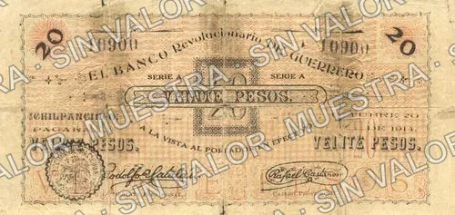 Banco Revolucionario de Guerrero (M1853), anverso (M1853a $20 Banco Revolucionario de Guerrero)