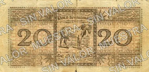 Banco Revolucionario de Guerrero (M1853), reverso (M1853a $20 Banco Revolucionario de Guerrero)