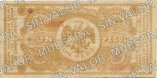 Comisión Reguladora (M4158), reverso (M4158b $1 Comisión Reguladora del Mercado de Henequén needle-punched 'CAMPECHE')
