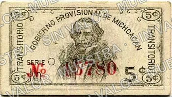 Gobierno Provisional de Michoacán italic 'No' (M2920), M2920a 5c Gobierno Provisional de Michoacán italic 'No', anverso