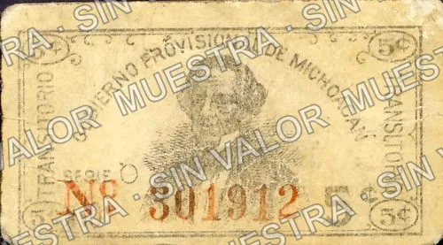 Gobierno Provisional de Michoacán italic 'No' (M2920), M2920a 5c Gobierno Provisional de Michoacán italic 'No', anverso
