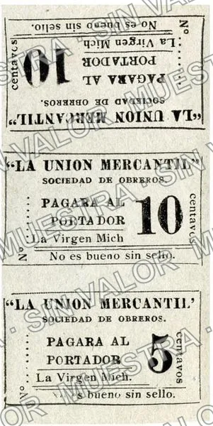 La Union Mercantil (M3011), M3011b 5c & 10c La Union Mercantil uncut sheet of three, anverso
